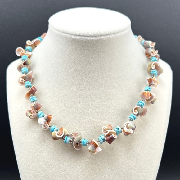 Estate Jewelry - Boho Shell Necklace Blue Brown White Spiral Beachy 17"